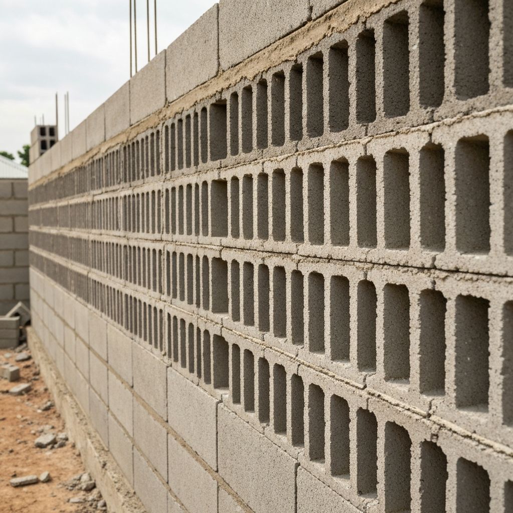 Mur en construction avec parpaings en béton vibré aux alvéoles visibles au Cameroun